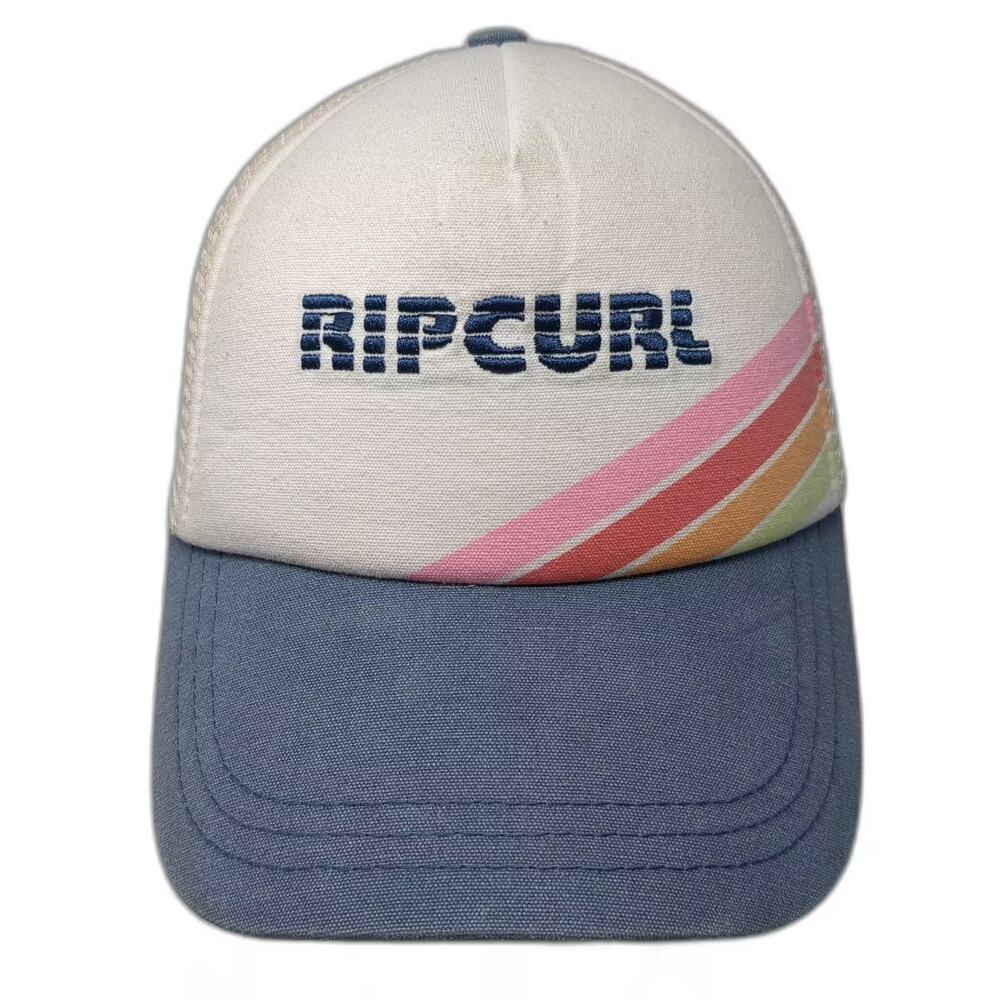 Rip Curl Trucker Hat White Blue One Size Mesh Snapback Stripes Embroidered Logo